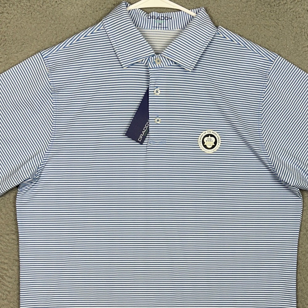 NEW B. Draddy Polo Shirt Mens Medium Sport Blue White Striped Golf Rugby Stretch
